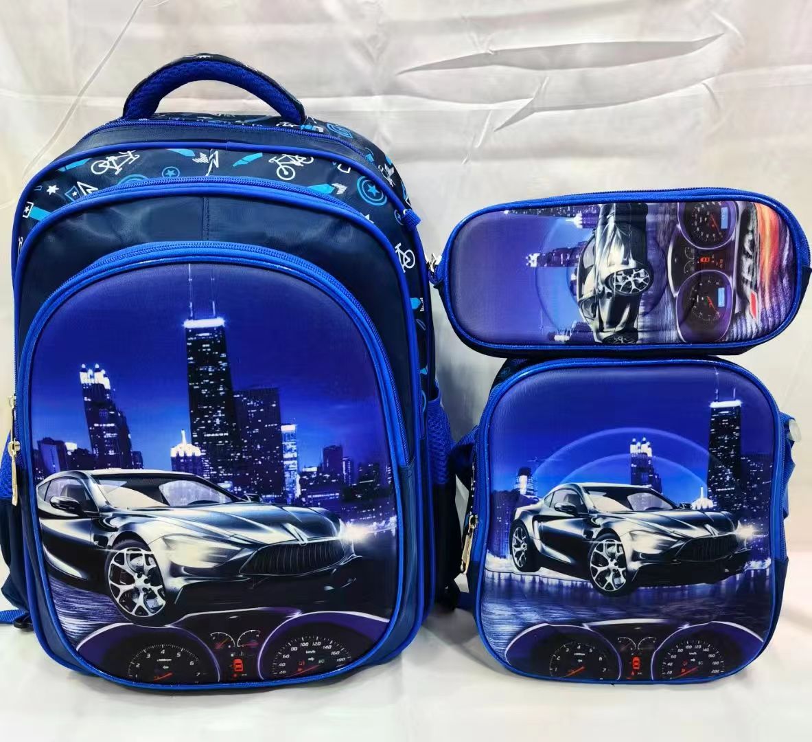 Three-piece schoolbag set, blue and gray car