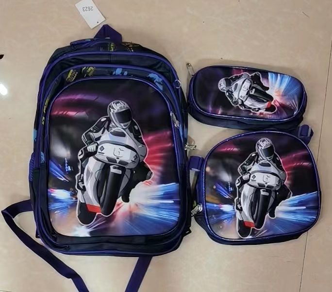Three-piece schoolbag set with colorful grey car pic 1