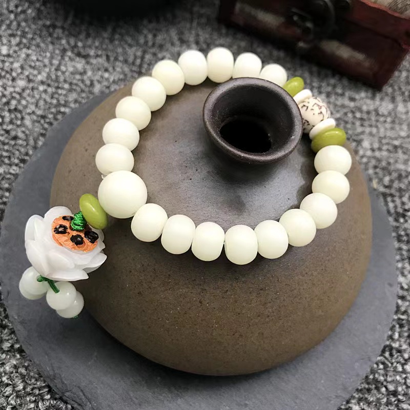 8*10 Natural White Jade Bodhi Bracelet Pendant Yellow Dots Lotus Seed Bracelet details Picture
