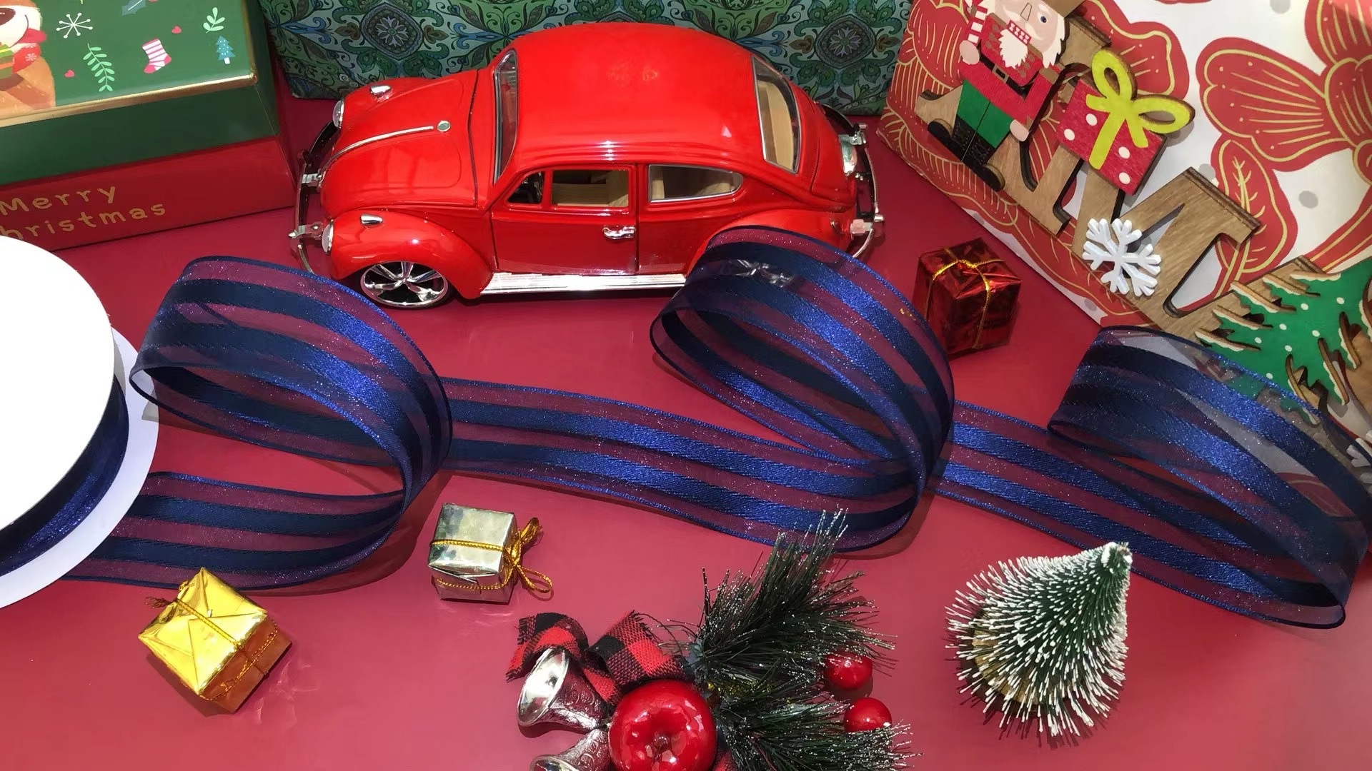 Item No. : 2192 Christmas Gift Packaging Decoration DIY Blue Double-sided twill mesh Double-sided iron wire Webtape 3.8cm Specification image