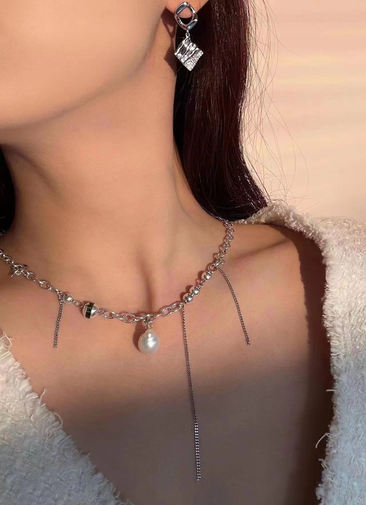 S925 Pearl Agate Fringe Men's And Women's Necklace Sterling Silver Necklace Silver Tie Silver Jewelry details Picture