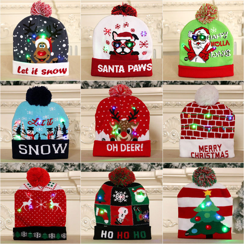 新款圣诞成人儿童针织毛线帽带灯七彩圣诞帽详情1
