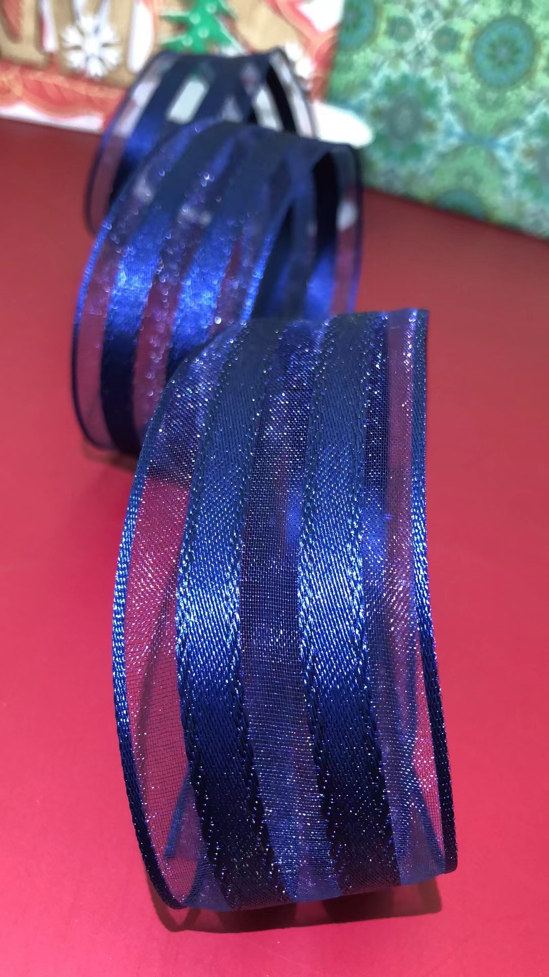 Item No. : 2192 Christmas Gift Packaging Decoration DIY Blue Double-sided twill mesh Double-sided iron wire Webtape 3.8cm