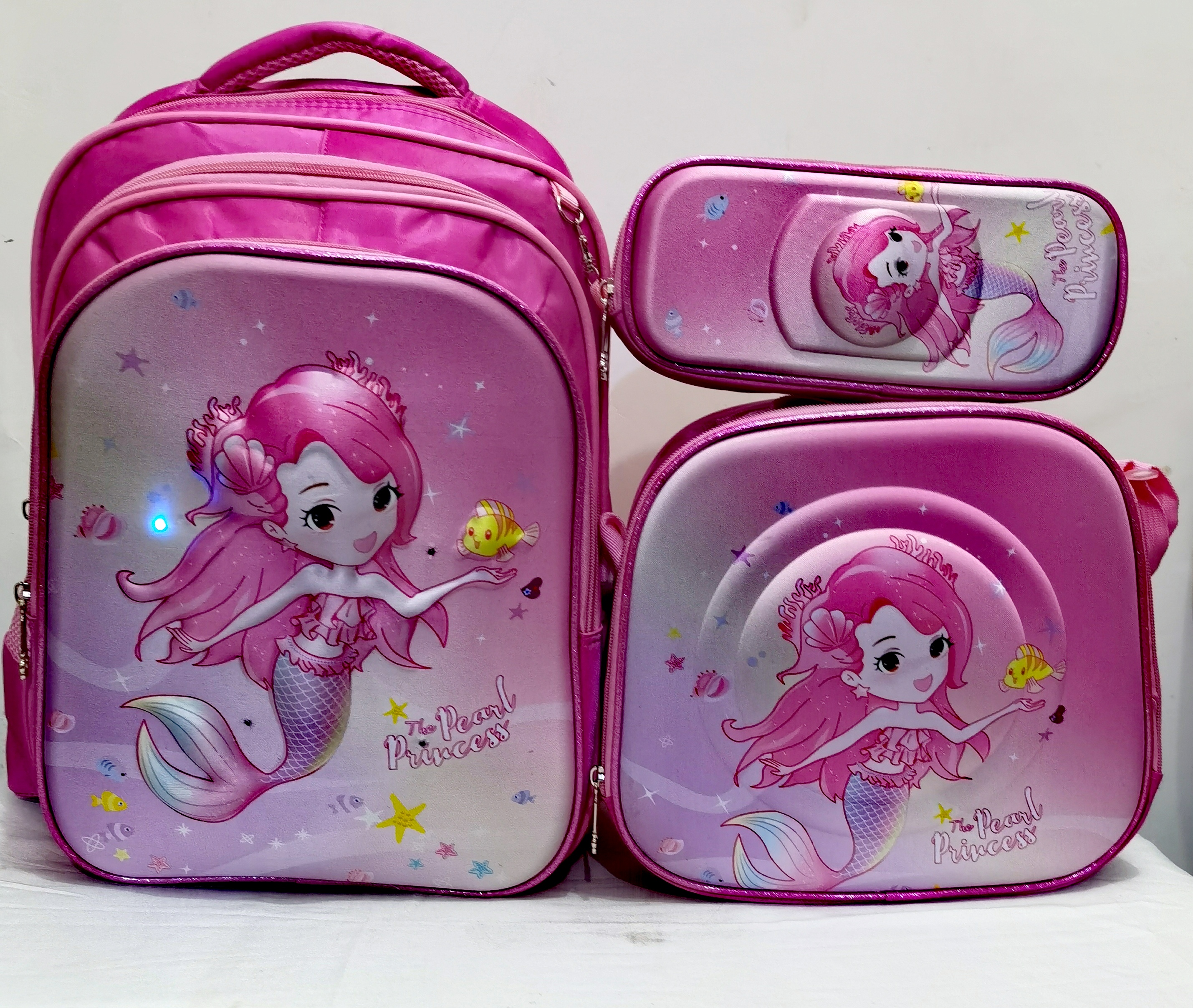 Three-piece schoolbag set, colorful tail mermaid