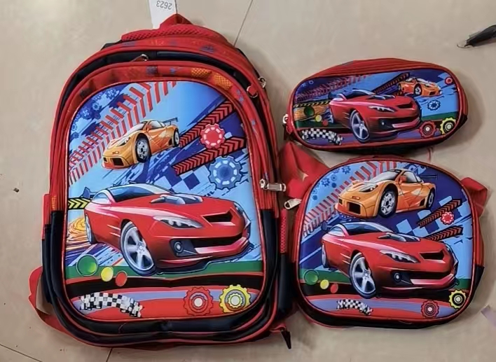 Three-piece schoolbag set, red and blue car pic 1