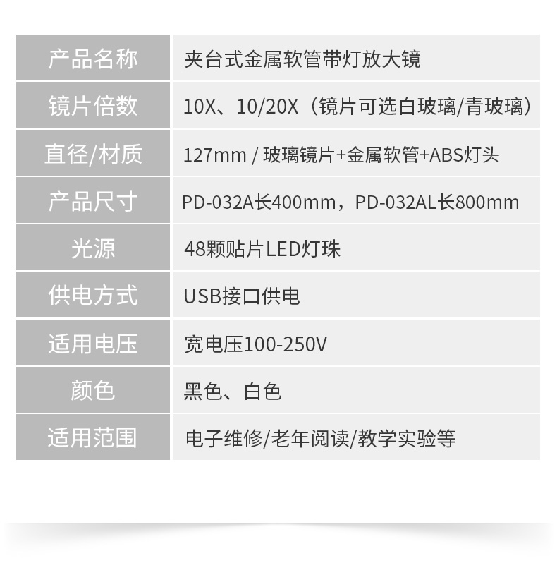 夹式放大镜PD032A万向软管支架127mm光学白玻10倍可调LED灯详情2