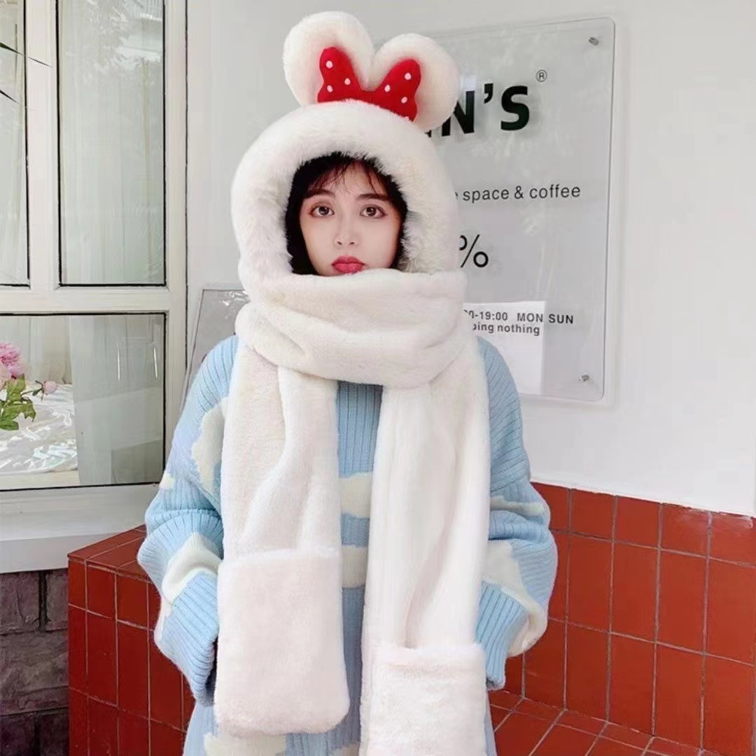 Thick Hat Women Autumn And Winter Cute Warm Plush Scarf One Ear Protection Windproof Bib Bear Three-Piece Set Specification drawing