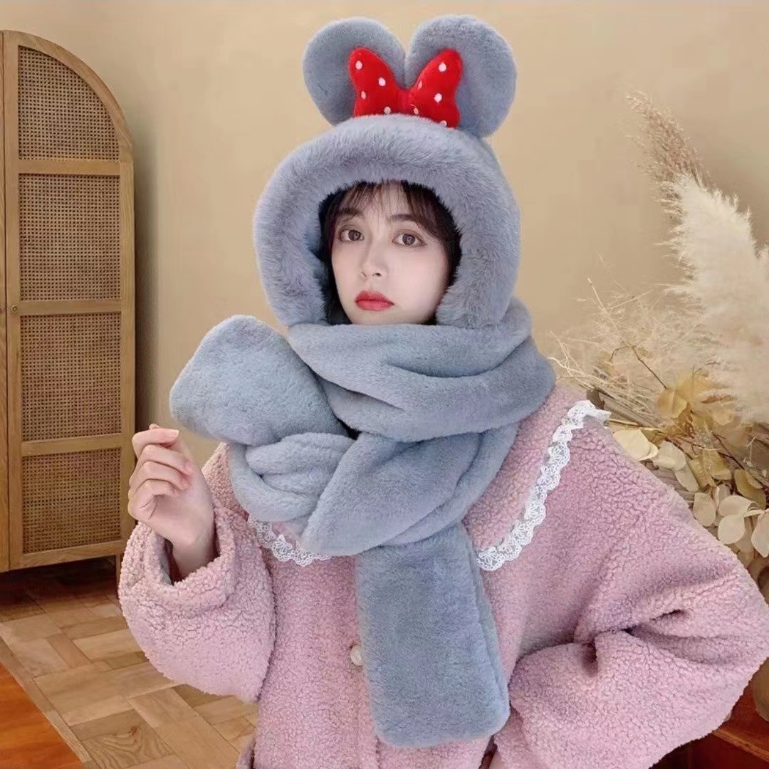 Thick Hat Women Autumn And Winter Cute Warm Plush Scarf One Ear Protection Windproof Bib Bear Three-Piece Set details Picture