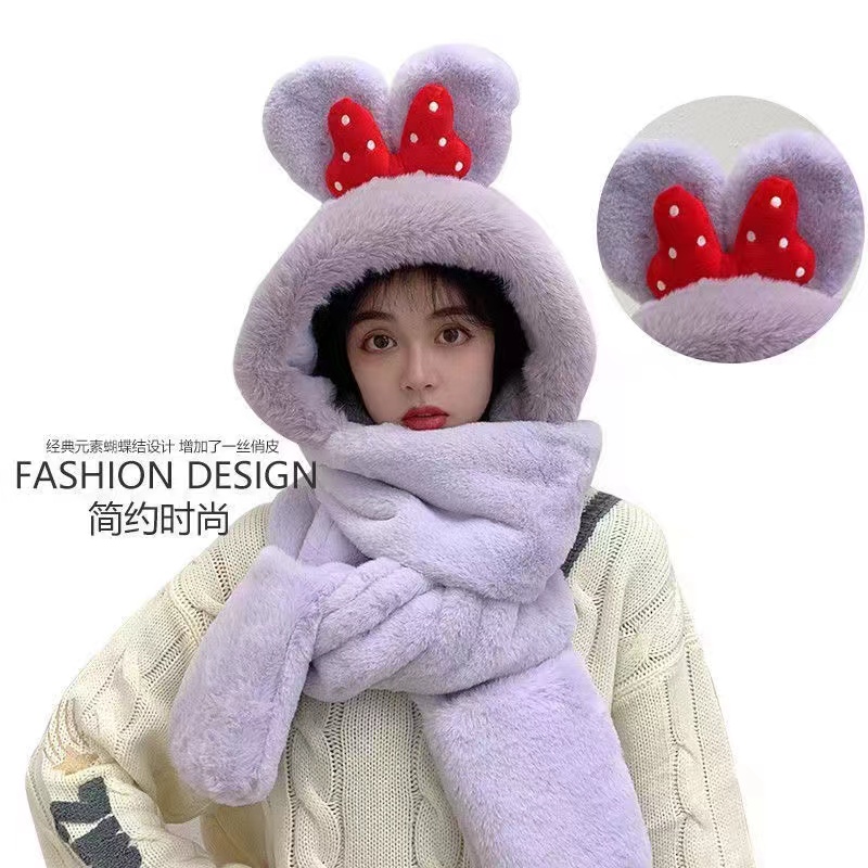Thick Hat Women Autumn And Winter Cute Warm Plush Scarf One Ear Protection Windproof Bib Bear Three-Piece Set