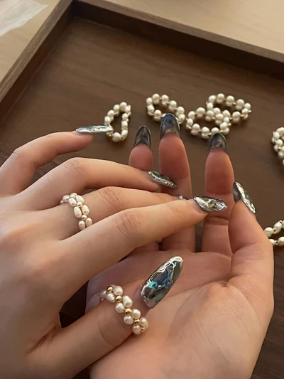 S925 Thai Silver Edition Double Row Hand-Beaded Natural Millet Bead Pearl Silver Ring