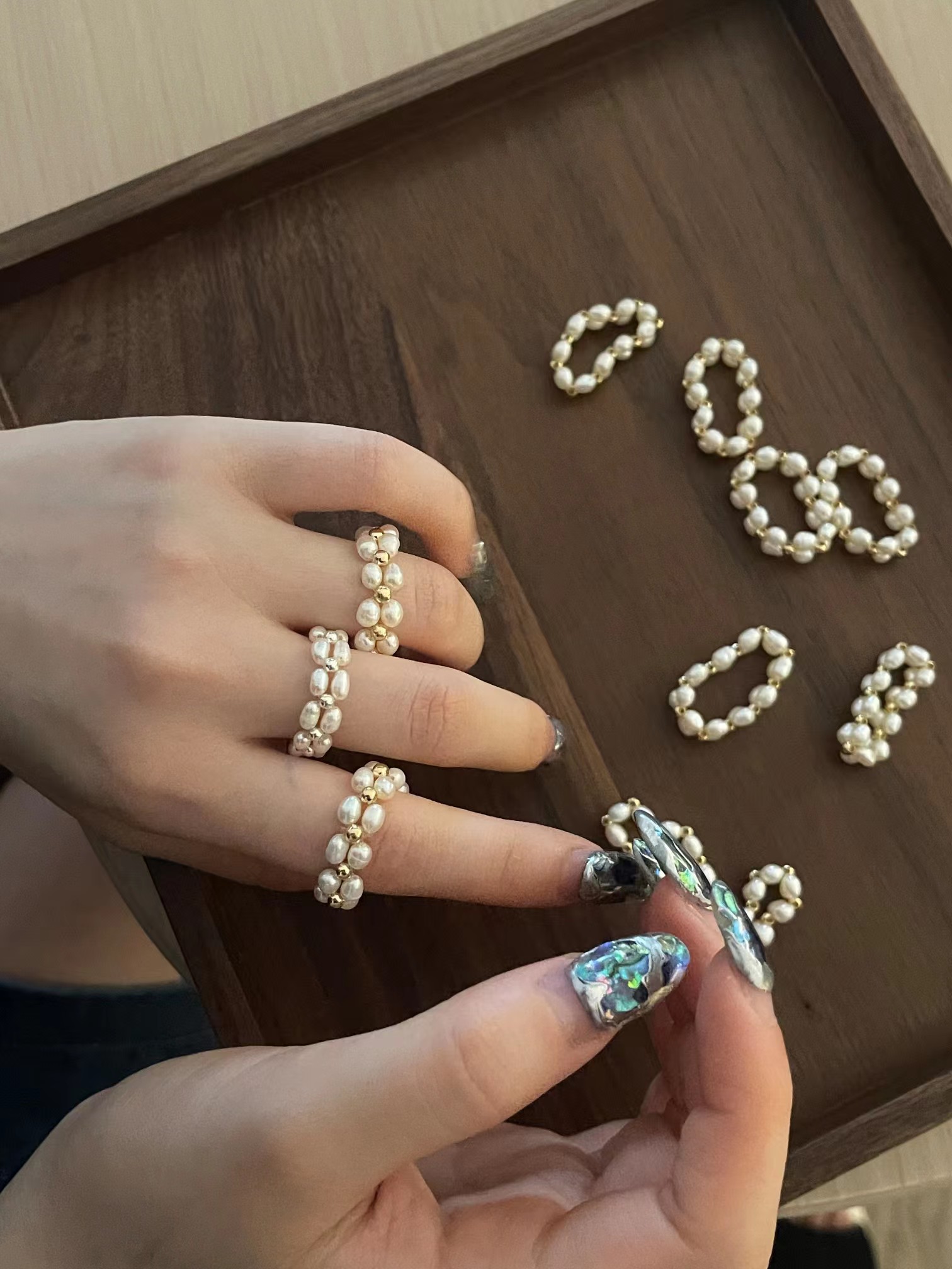 S925 Thai Silver Edition Double Row Hand-Beaded Natural Millet Bead Pearl Silver Ring Specification drawing