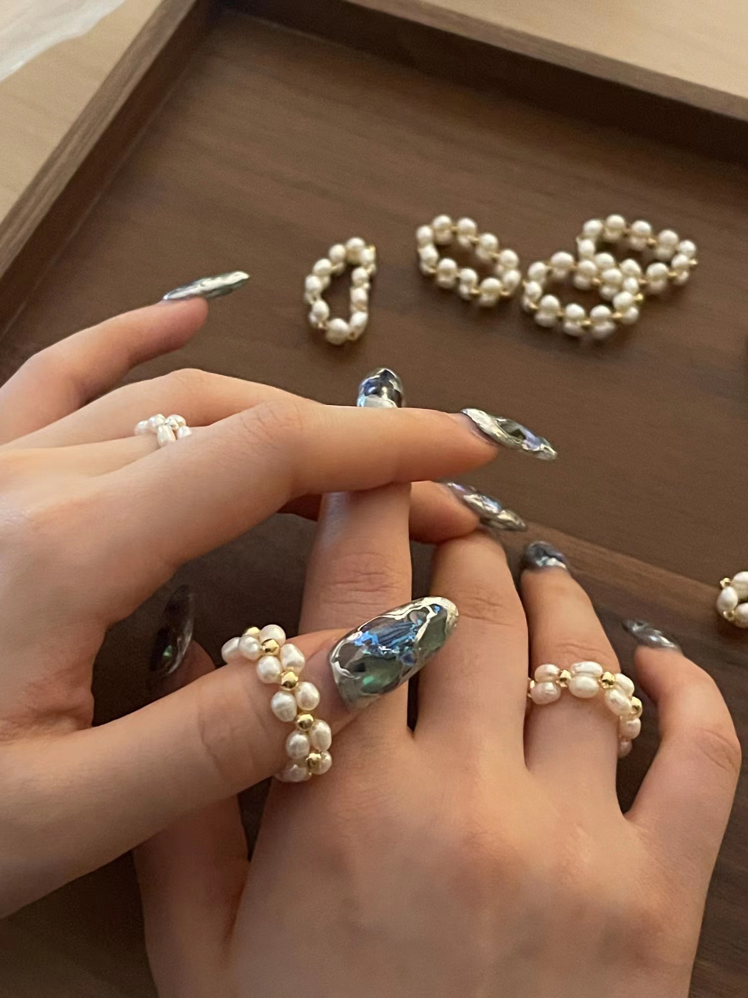 S925 Thai Silver Edition Double Row Hand-Beaded Natural Millet Bead Pearl Silver Ring details Picture