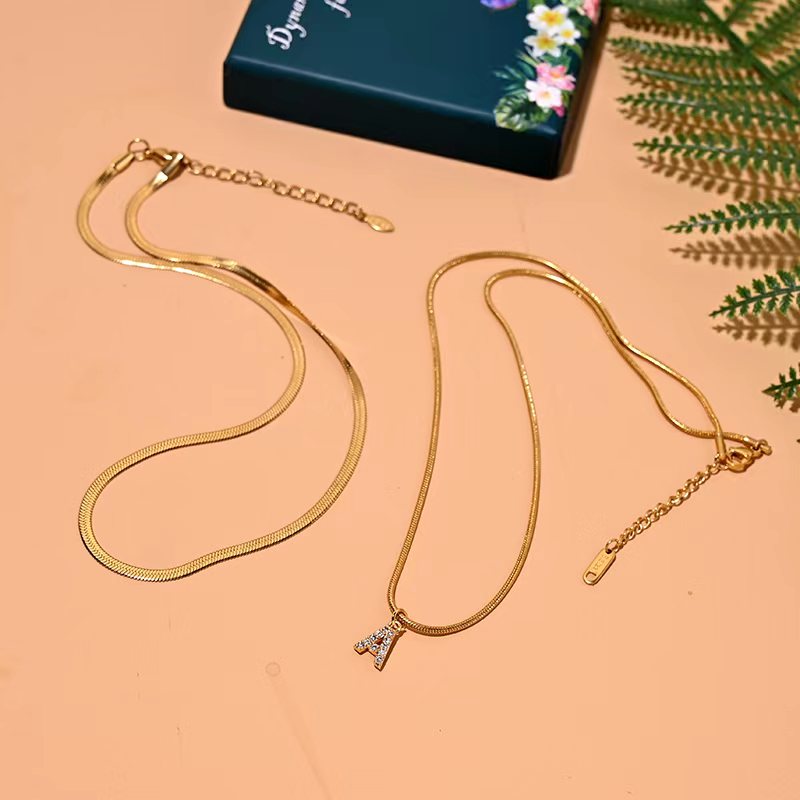 2 gold plated stainless steel necklaces A-Z Female Initial necklaces in tone solid chain layered collar pendant Pearl letter girl necklaces thumbnail