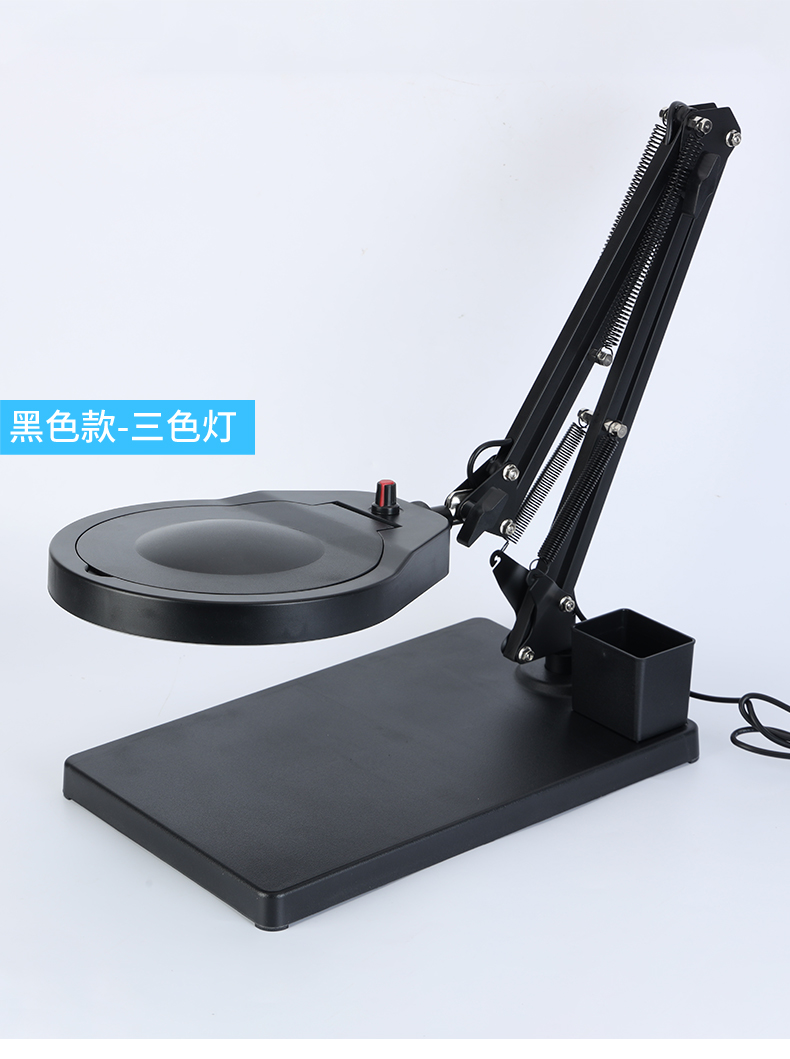 Desktop magnifying glass PD178T with 127mm optical white glass 10x lens, cantilever stand, dust cover, tool box, three-color adjustable LED light pic 5