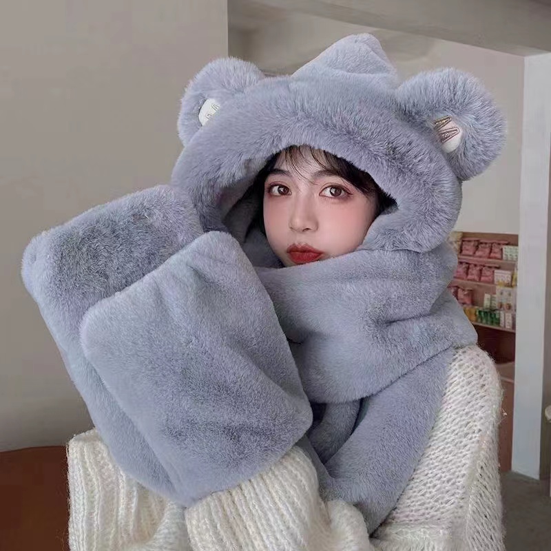 Thick Hat Women Autumn And Winter Cute Warm Plush Scarf One Ear Windproof Scarf Three-Piece Set Specification drawing