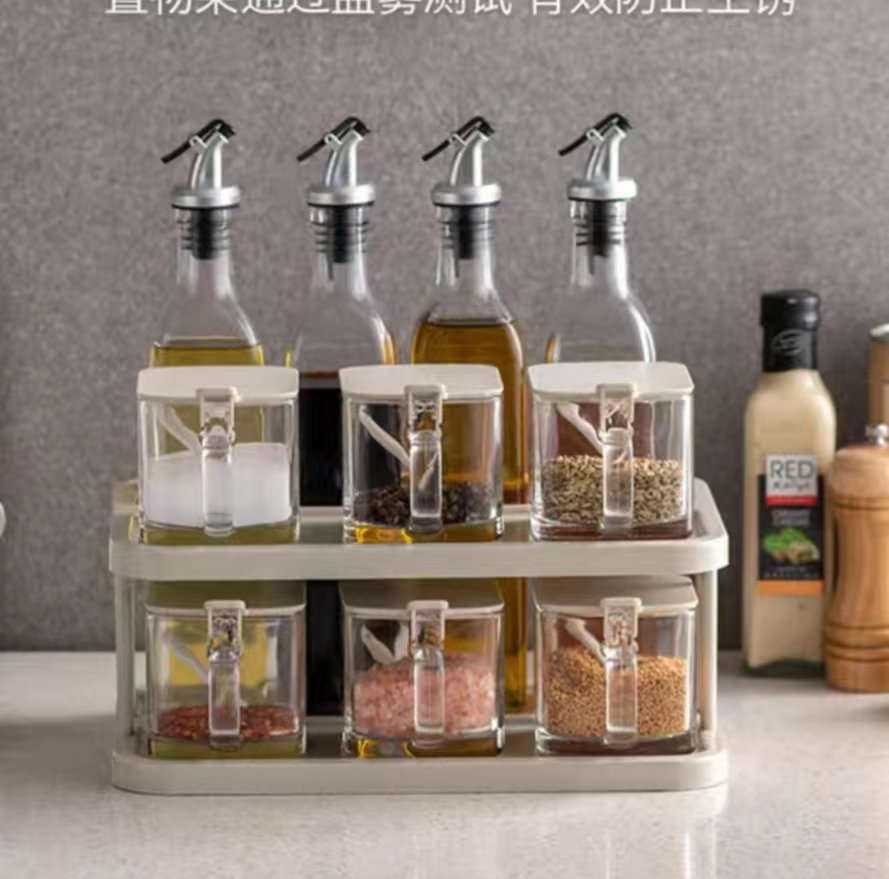 Seasoning Set Home Kitchen Seasoning Pot Tray Soy Sauce Vinegar Bottle Salt Storage Box Shelf