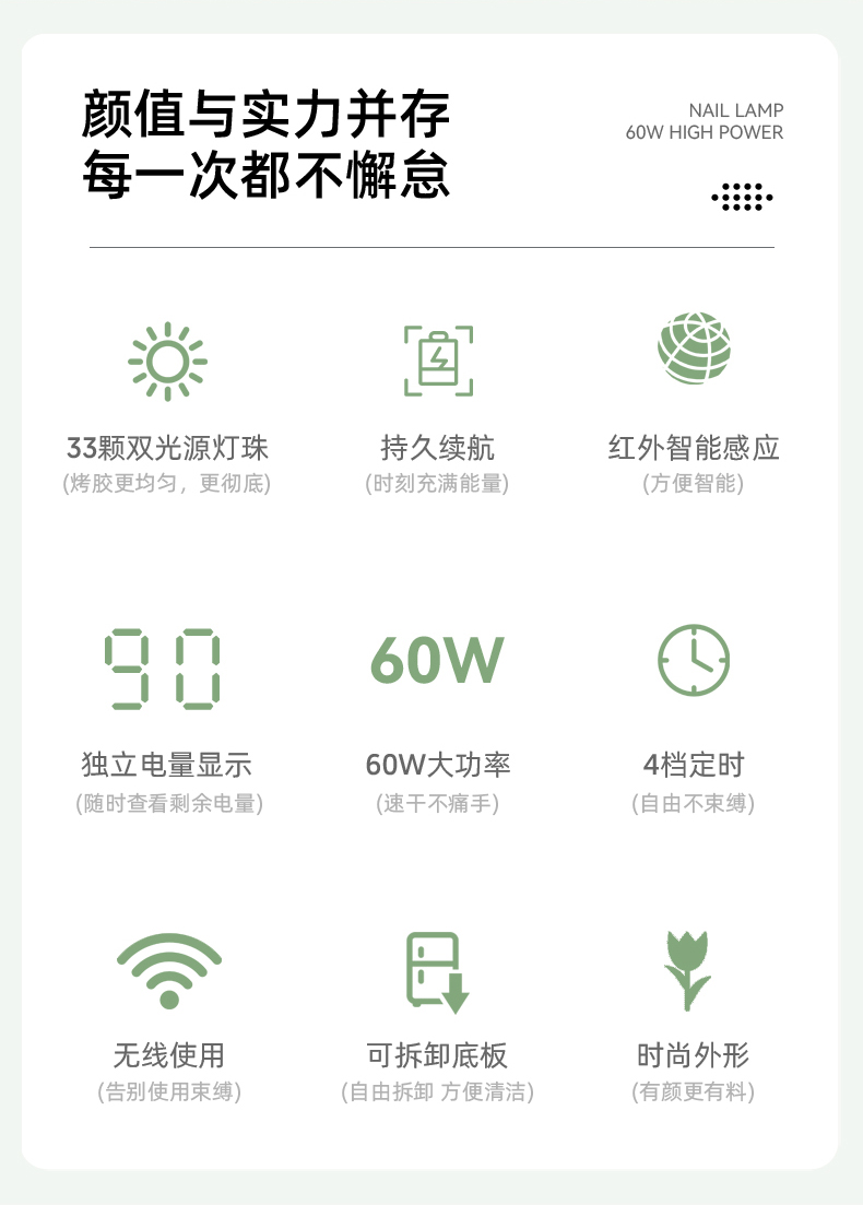 新款 美甲灯60W专业无绳UV LED指甲灯无线紫外线灯可充电便携式灯详情2