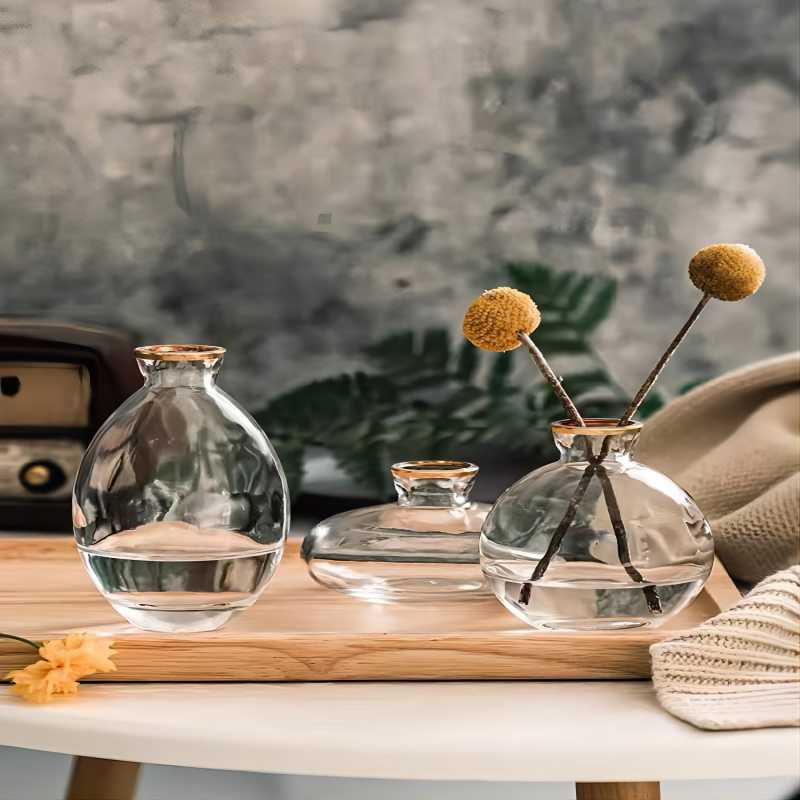 Kikumin Process Ins Style Clear Glass Vase With Gold Rim 3 Piece Set Glass Vase Application Scenario