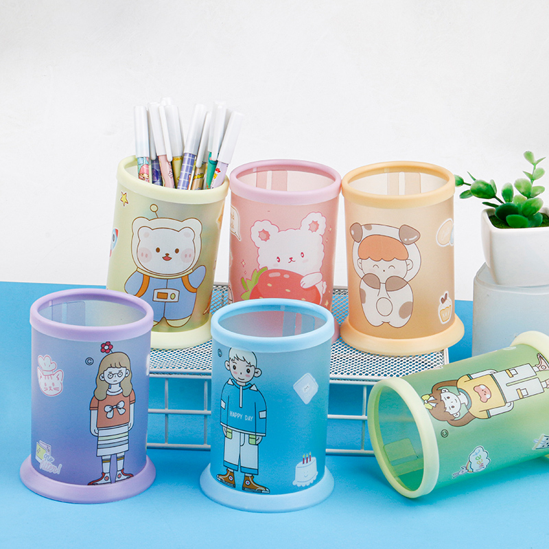 Cartoon DIY self-set simple transparent cartoon ball pen holder, students stationery storage large capacity desktop storage round pen holder