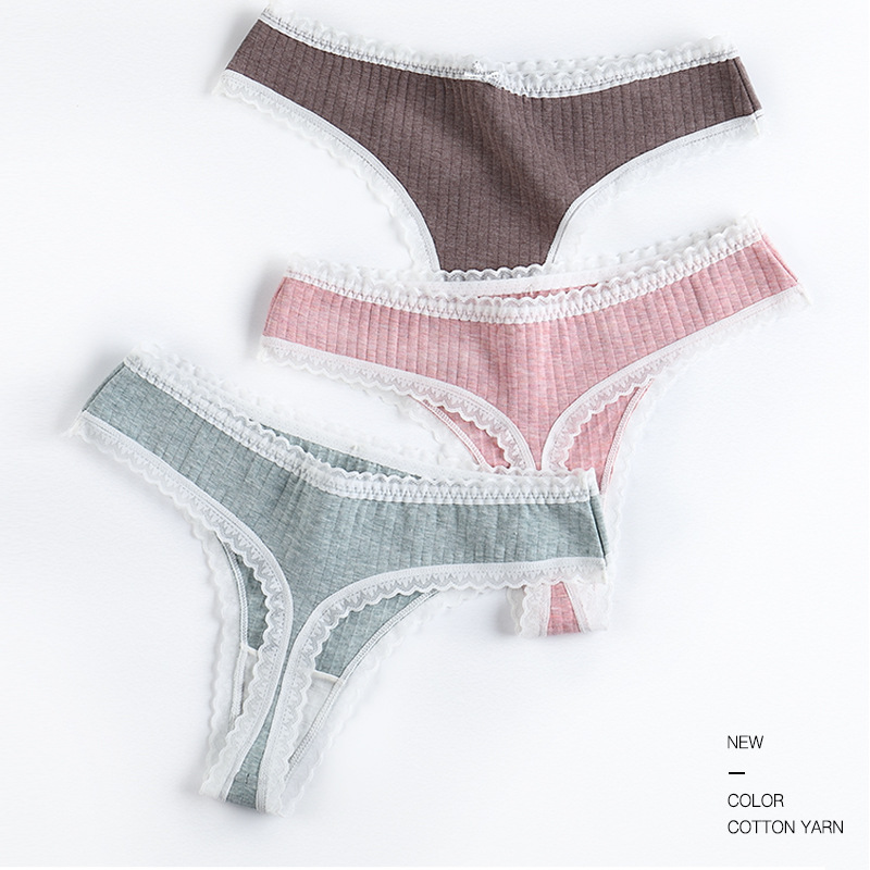Mulberry Silk Antibacterial Crotch Color Cotton Thong Underwear Female Pure Cotton New Sexy Lace Edge T Underwear Factory Direct Sales details Picture