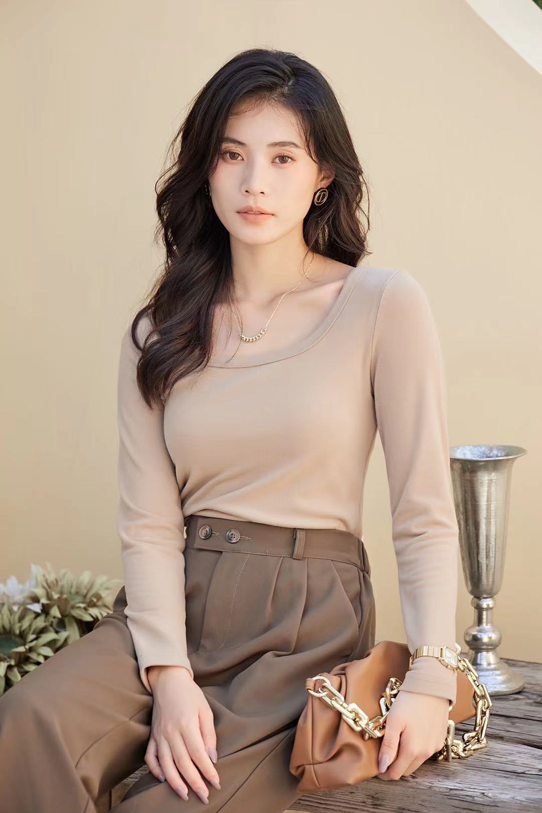 Fashion Ladies Square Collar Long Sleeve T-Shirt Basic Inside The Top Of The Autumn And Winter 8831 Specification drawing