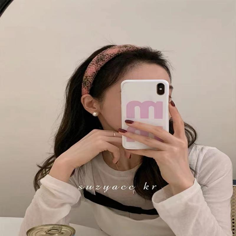 Temperament girl style coarse hair tweed pink blue checked hair hoop 2022 net red new face wash head hoop thumbnail