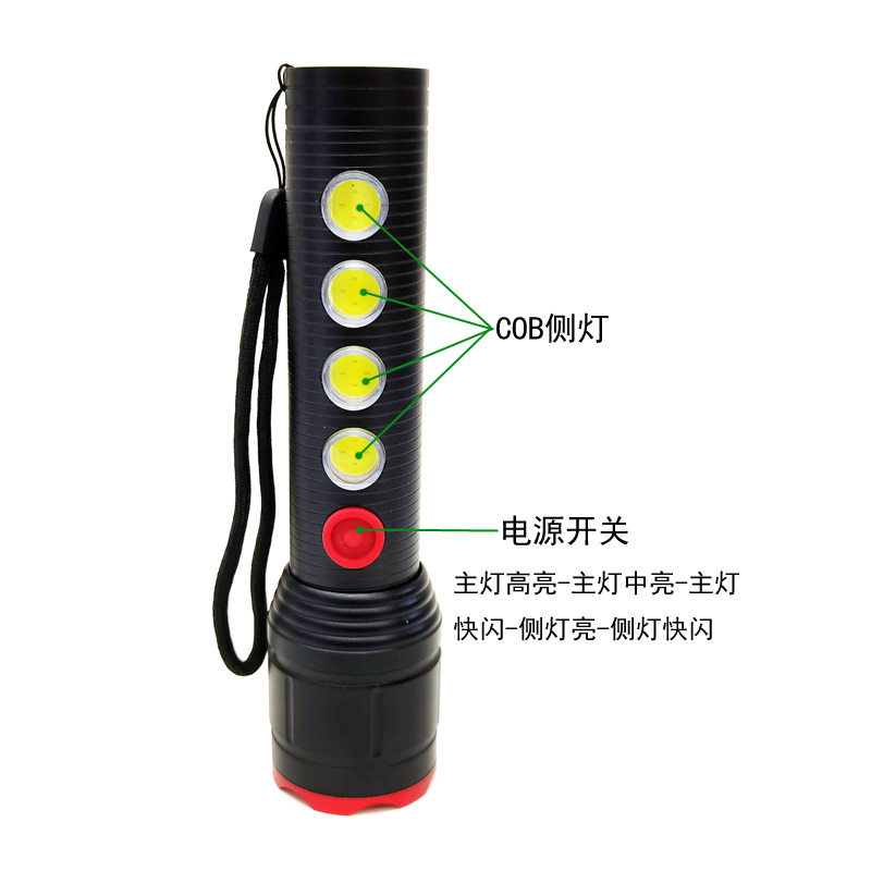 985 antorcha de enfoque (4 orificios de luz lateral) USB recargable zoom luz brillante linterna P50 luz +COB multifunción pull-stretch-focusing linterna de aleación de aluminio Specification image