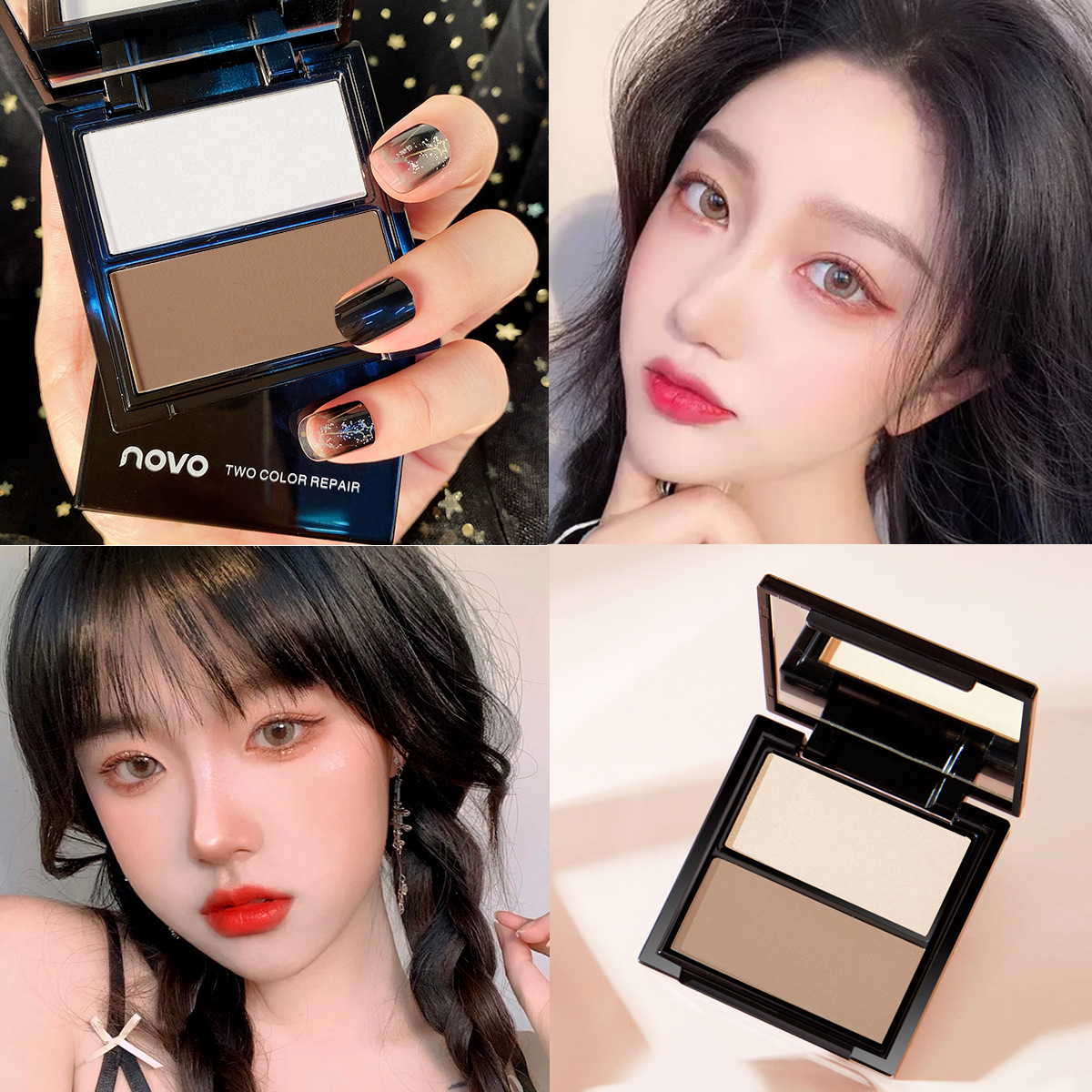 NOVO Three-dimensional Shaping dual-color Contouring Tray, three-dimensional high-gloss shadow Contouring powder, waterproof and sweat-proof, brightening skin tone details Picture