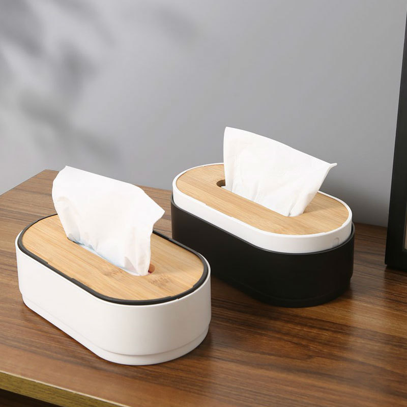 Lift tissue box with wooden lid