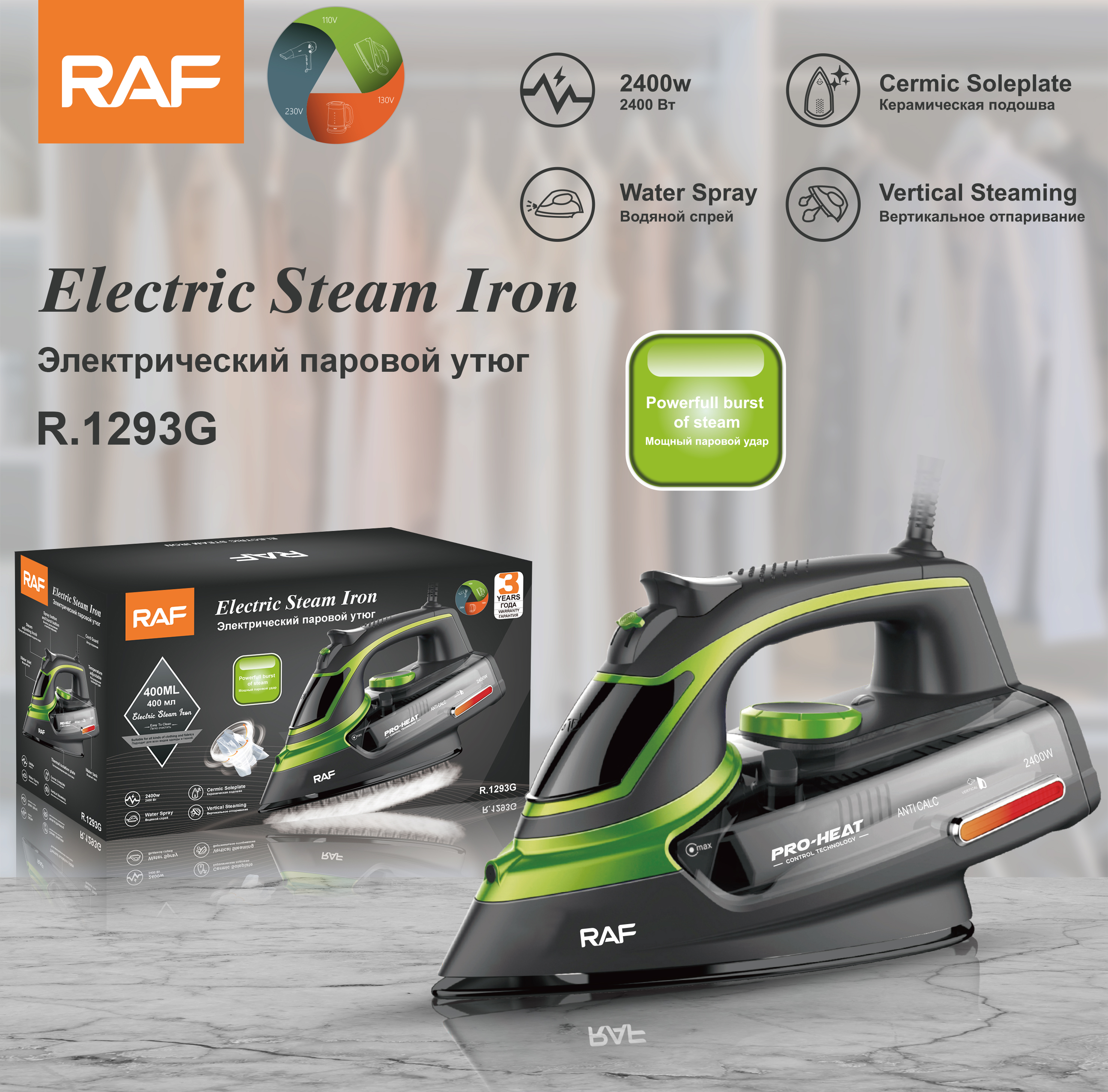 Euro Regulation 2400W three speed adjustable temperature electric iron Handheld steam iron R.1293