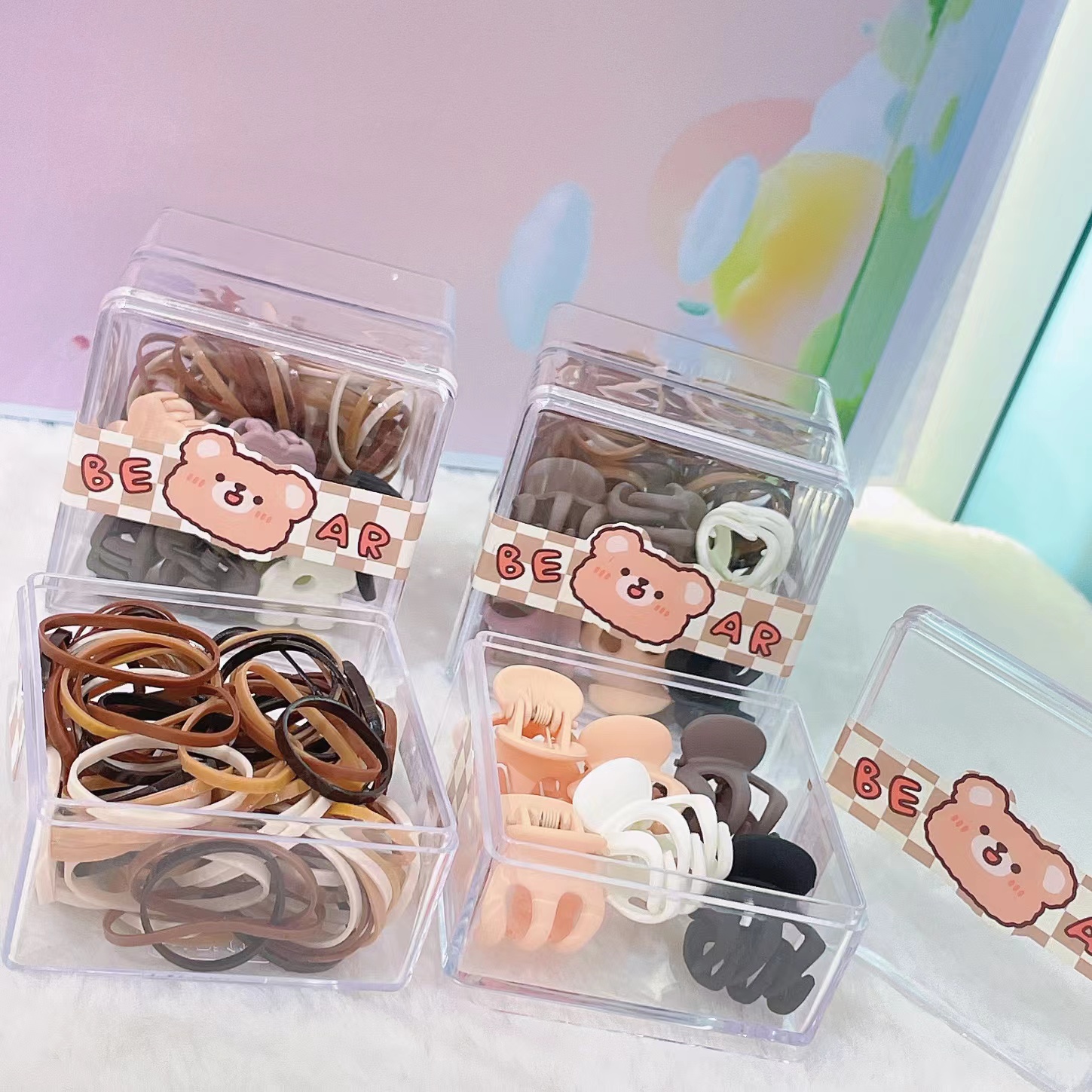 Double Children's Small Square Box Classic Cartoon Bear Pattern Shape Claw Clip Long Pull Constant Hair Circle Style Variety Of Milk Tea Color Classic Pop Color Specification drawing
