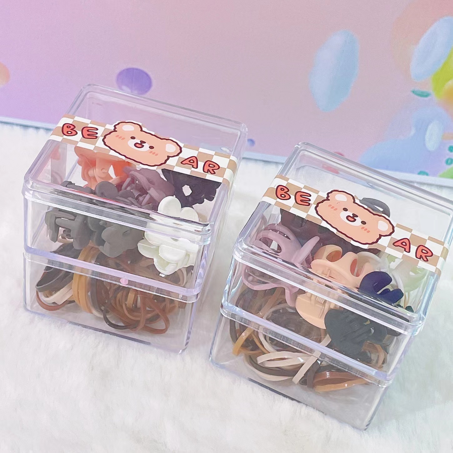 Double Children's Small Square Box Classic Cartoon Bear Pattern Shape Claw Clip Long Pull Constant Hair Circle Style Variety Of Milk Tea Color Classic Pop Color