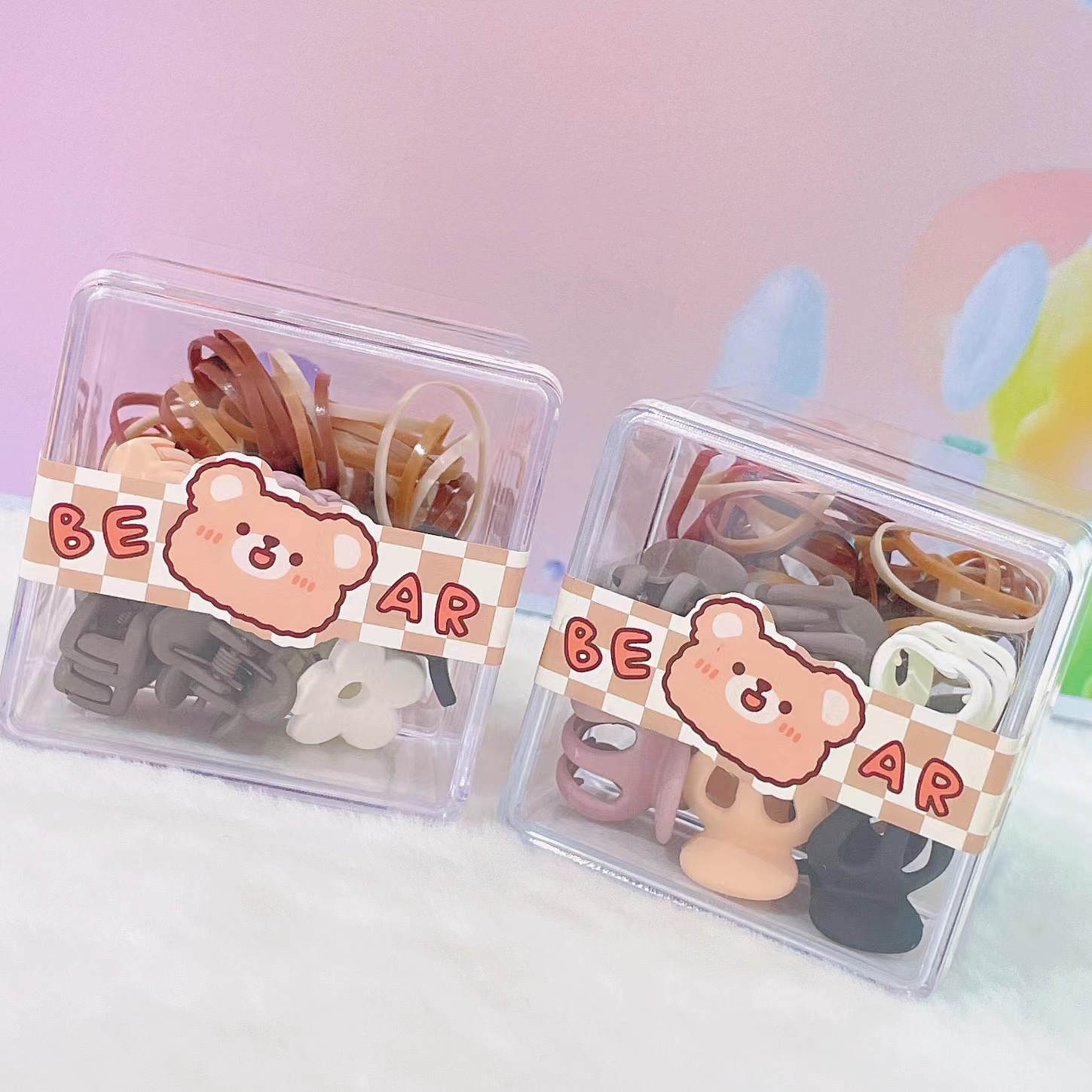 Double Children's Small Square Box Classic Cartoon Bear Pattern Shape Claw Clip Long Pull Constant Hair Circle Style Variety Of Milk Tea Color Classic Pop Color details Picture