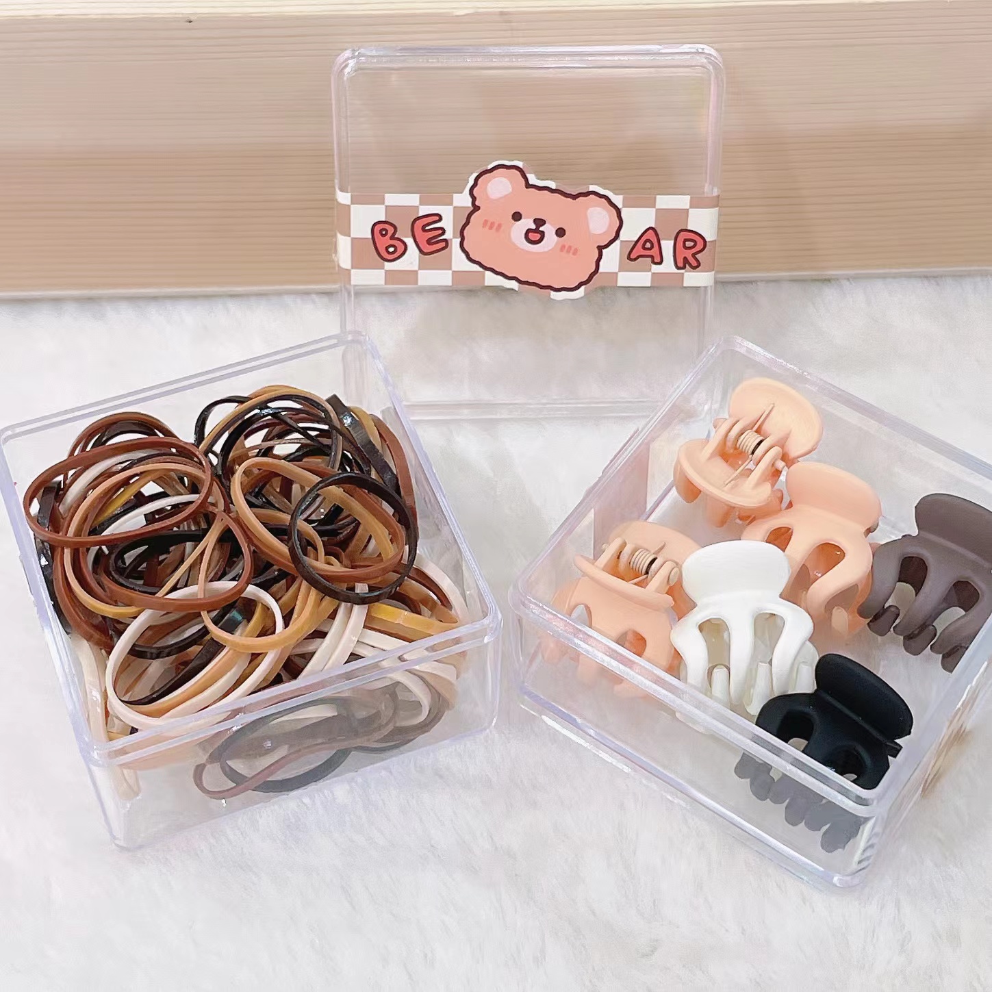 Double Children's Small Square Box Classic Cartoon Bear Pattern Shape Claw Clip Long Pull Constant Hair Circle Style Variety Of Milk Tea Color Classic Pop Color Application Scenario