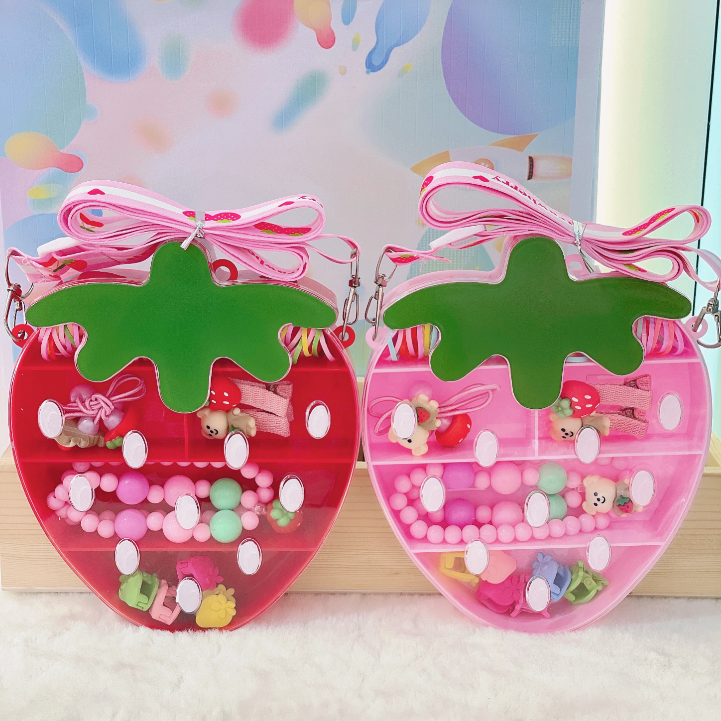 Webbing strawberry gift box can be crossbody can be sling necklace leather band claw clip a variety of combinations of classic affordable pack color pink bright red simple and beautiful thumbnail