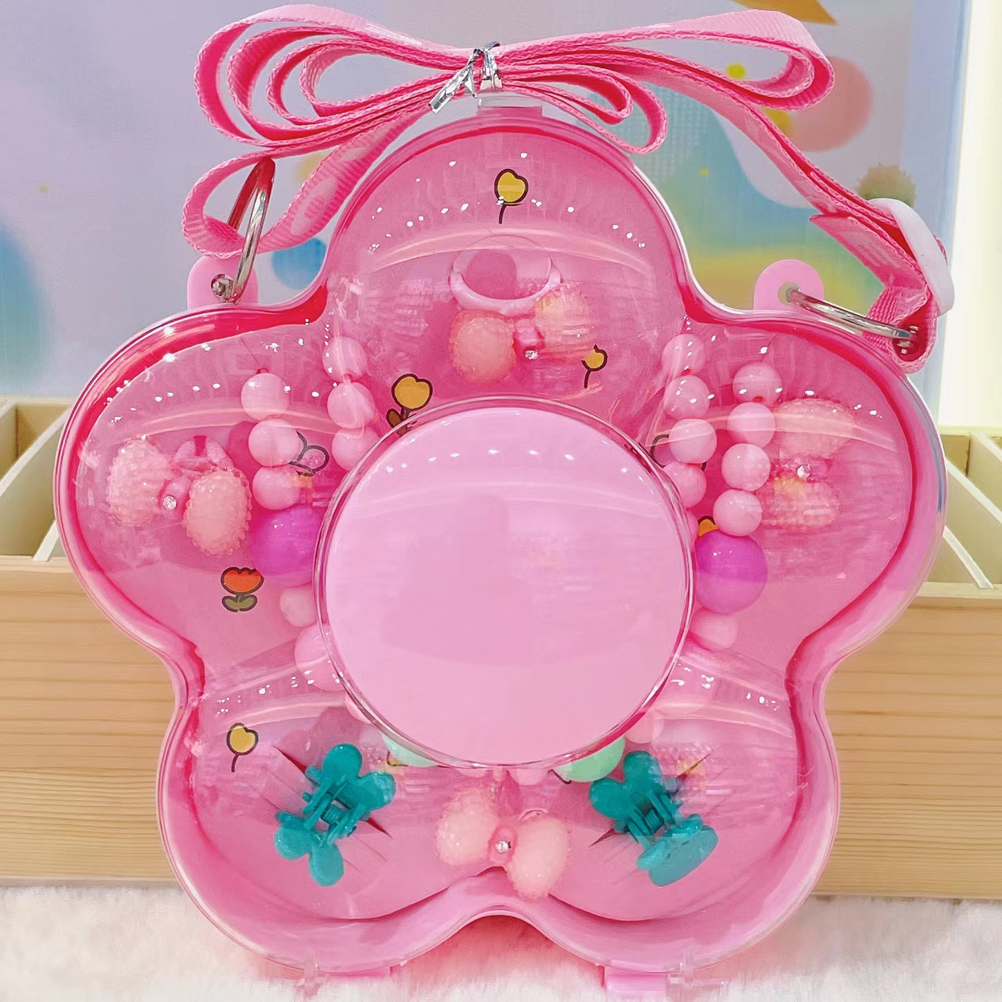Ribbon Flower Core Plum Flower Box Flower Box Shape Cute Necklace Hairpin A Variety Of Children's Headwear Combination Princess Holiday Gifts Must Be Crossbody Can Be Suspenders Item Picture
