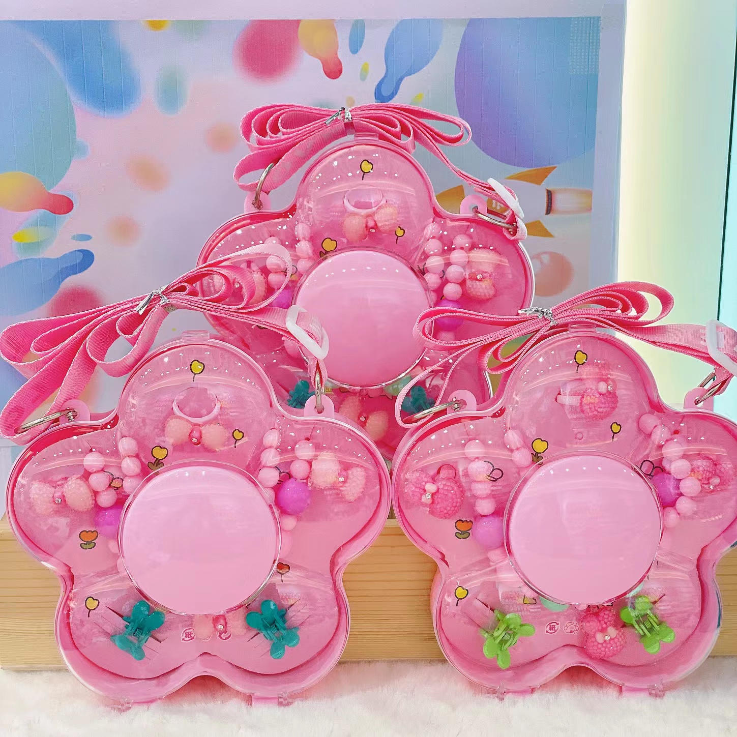 Ribbon Flower Core Plum Flower Box Flower Box Shape Cute Necklace Hairpin A Variety Of Children's Headwear Combination Princess Holiday Gifts Must Be Crossbody Can Be Suspenders