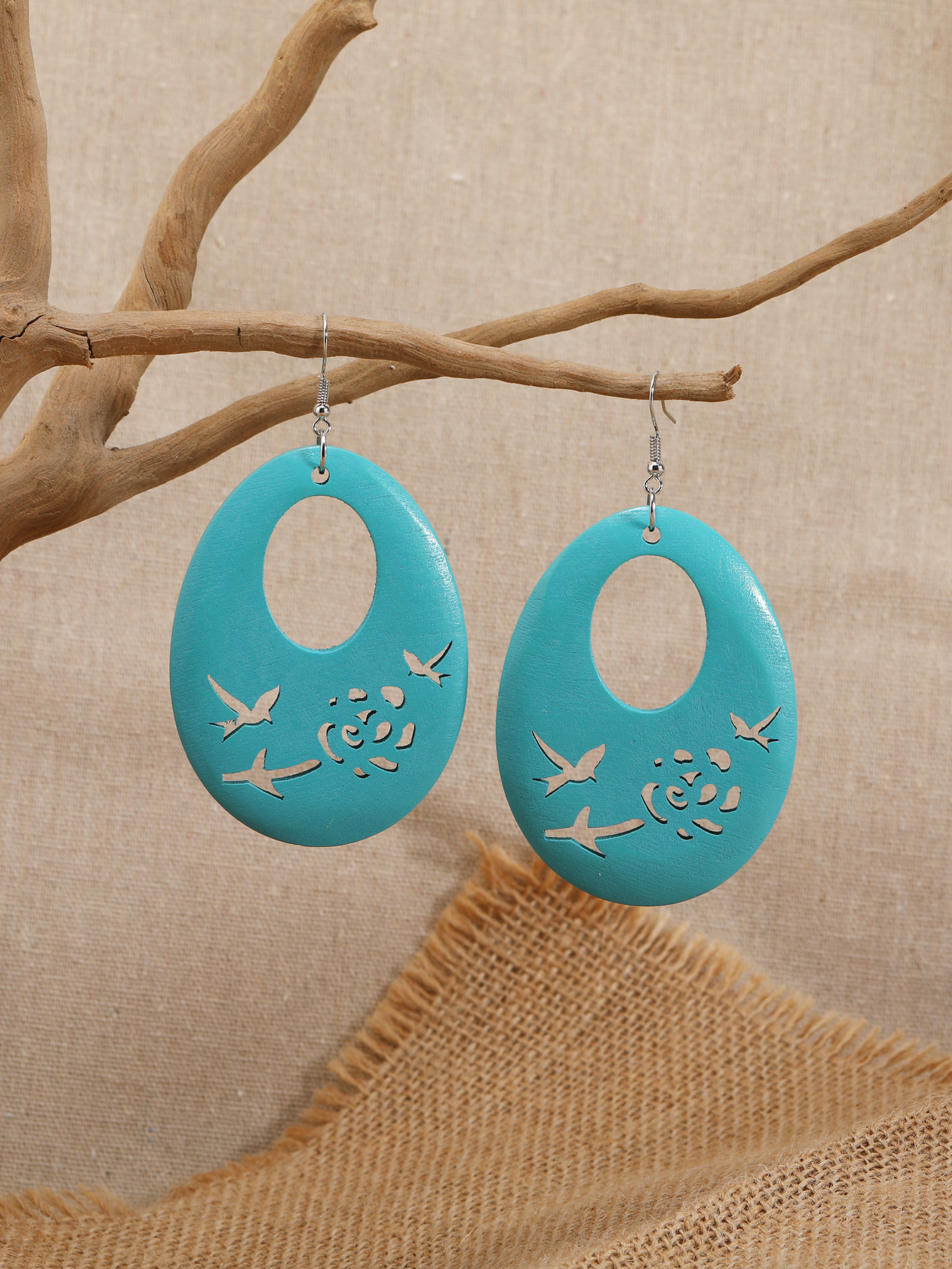 Boho tropical style ethnic style vintage handmade wood cut earrings Fu Coir Coir -253 details Picture