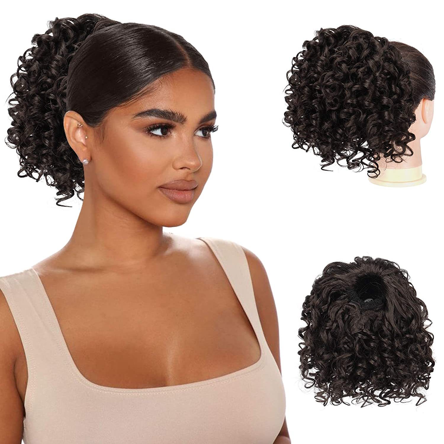 European and American wig pieces, wavy small curls, synthetic fiber wigs, women's elastic net ponytail pic 3