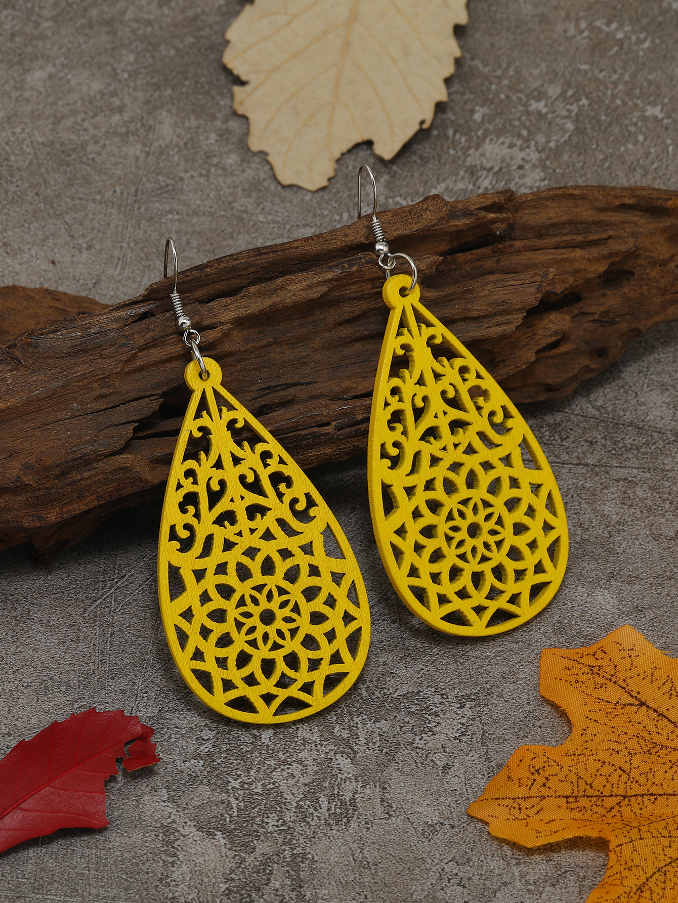 Boho tropical style ethnic style vintage handmade wood cut earrings Fu Coco Coco -236