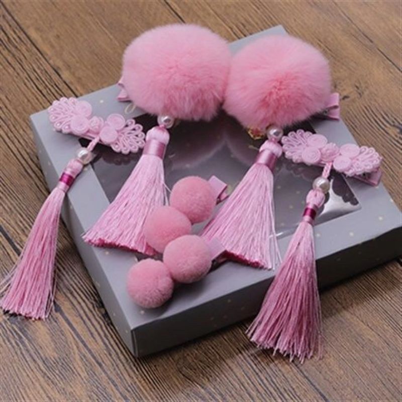 Velvet bow bell style, cute little girl, ancient-style tassel ball, rabbit ear hair clip, children's Hanfu headwear, hair clip, hair accessory, hair clip headwear, Oushangni 015 discount direct supply Specification image