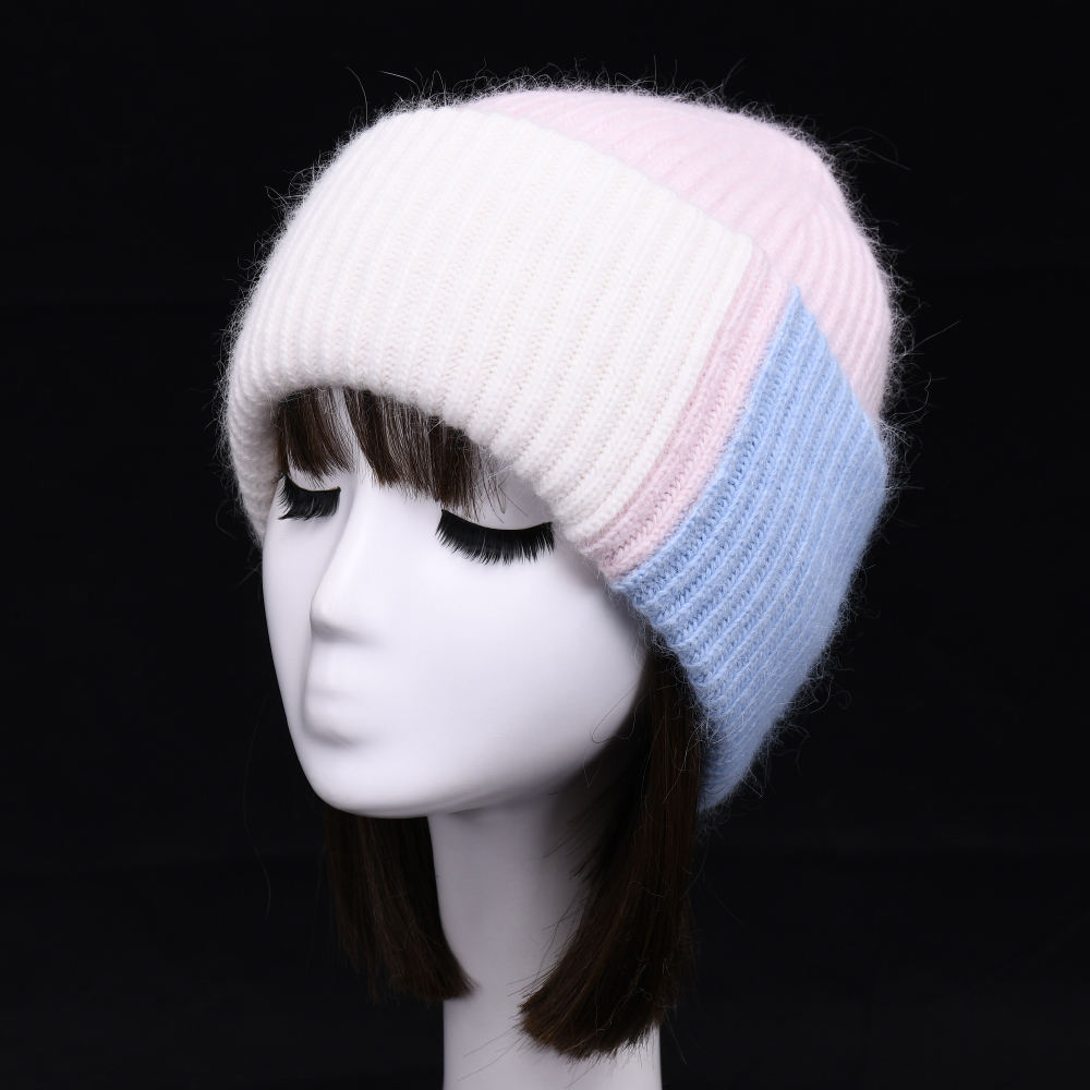 Hot Selling Wholesale Custom Logo Wool Knitted Winter Hat Skully Double Cuffed Women Fuzzy Real Rabbit Fur Beanie Hats thumbnail