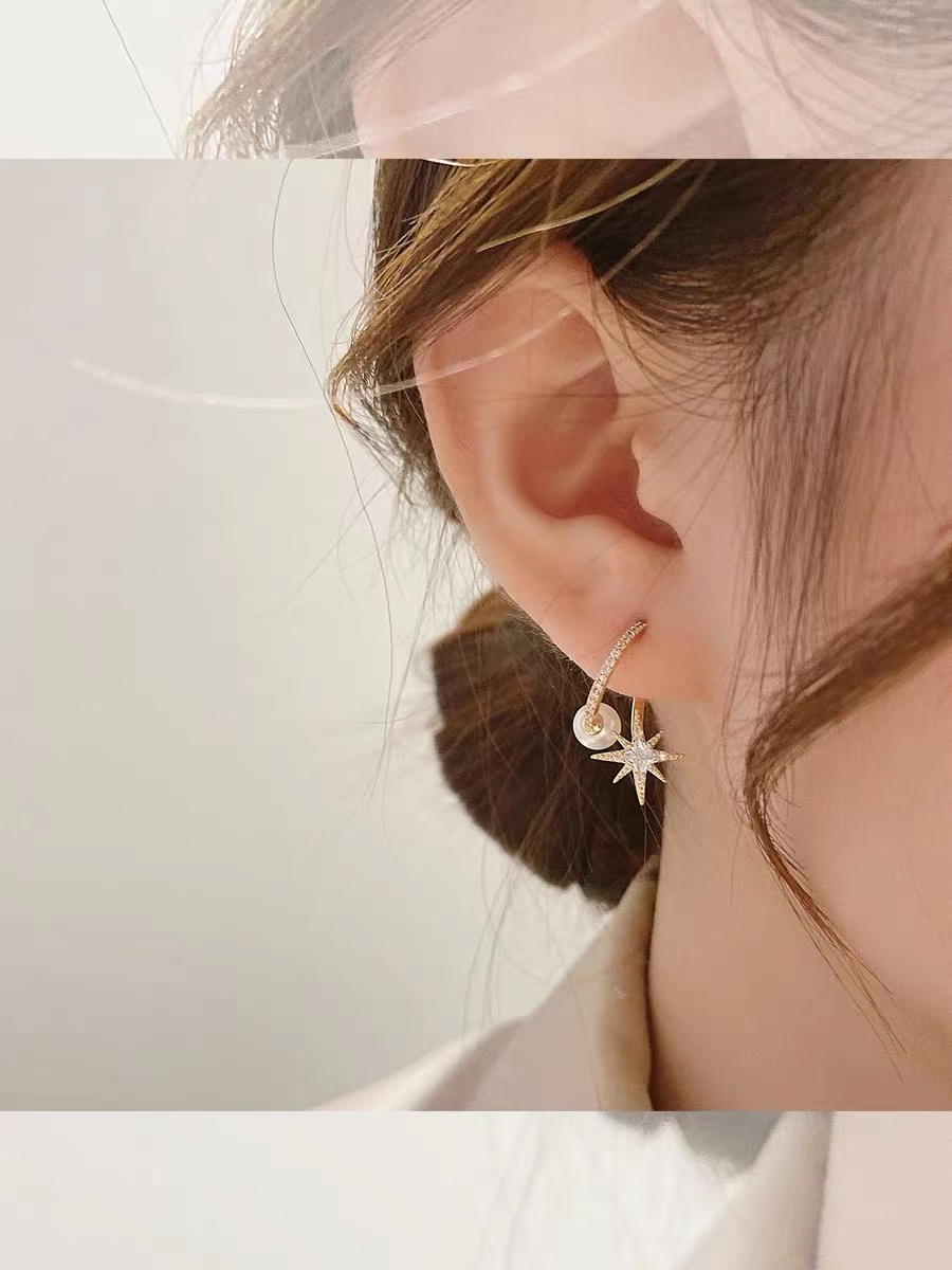 Pearl earrings ring stars full zirconium arc Korean style simple fashion atmosphere all-match style -005 beautiful jewelry thumbnail