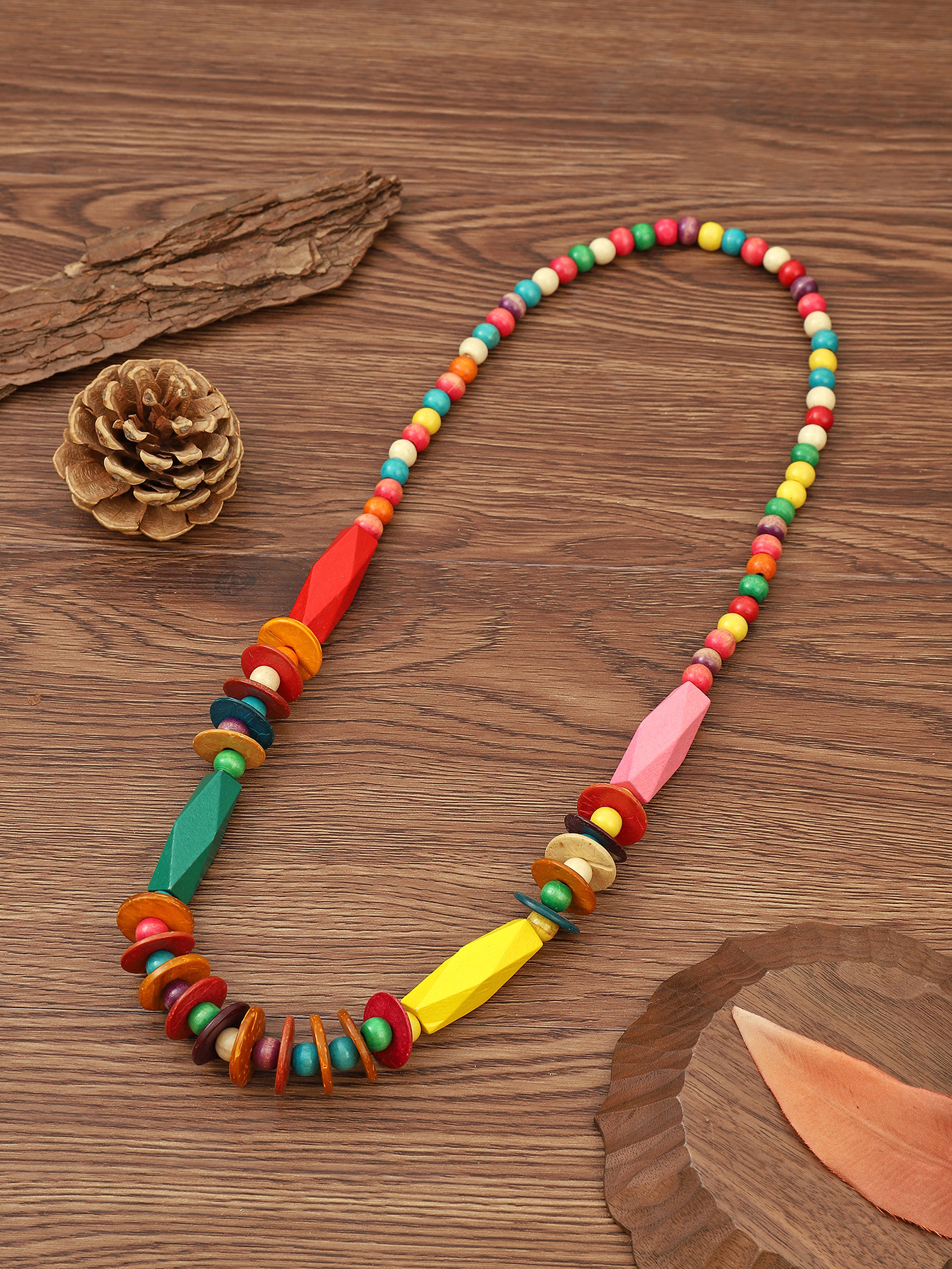 Bohemian tropical folk style retro handmade wooden beaded necklace Fucoco-280