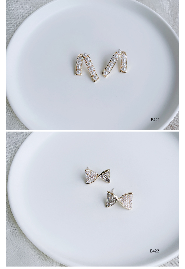 耳环设计ins风银针锆石耳钉珍珠小香风蝴蝶结线条简约精致通勤女迪菲尔-420-2详情2