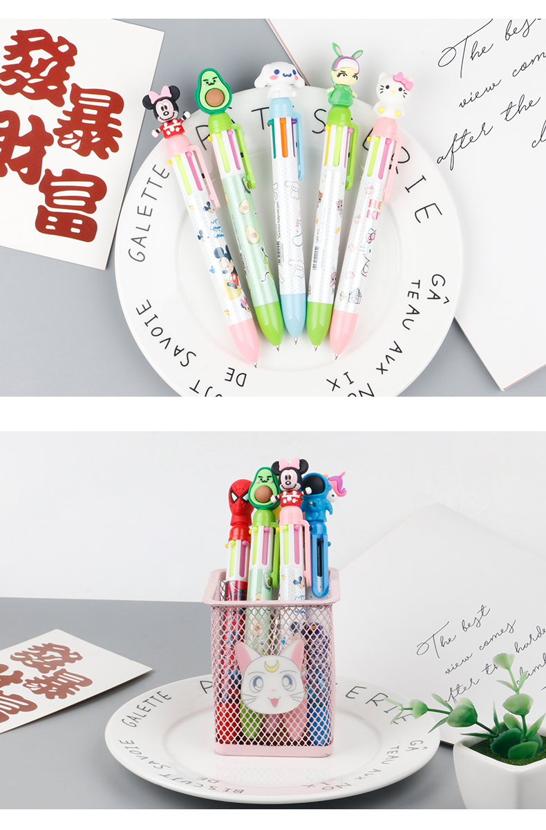 六色圆珠笔卡通头可爱创意手账圆珠笔  按压式彩色多功能笔多色笔合一详情6