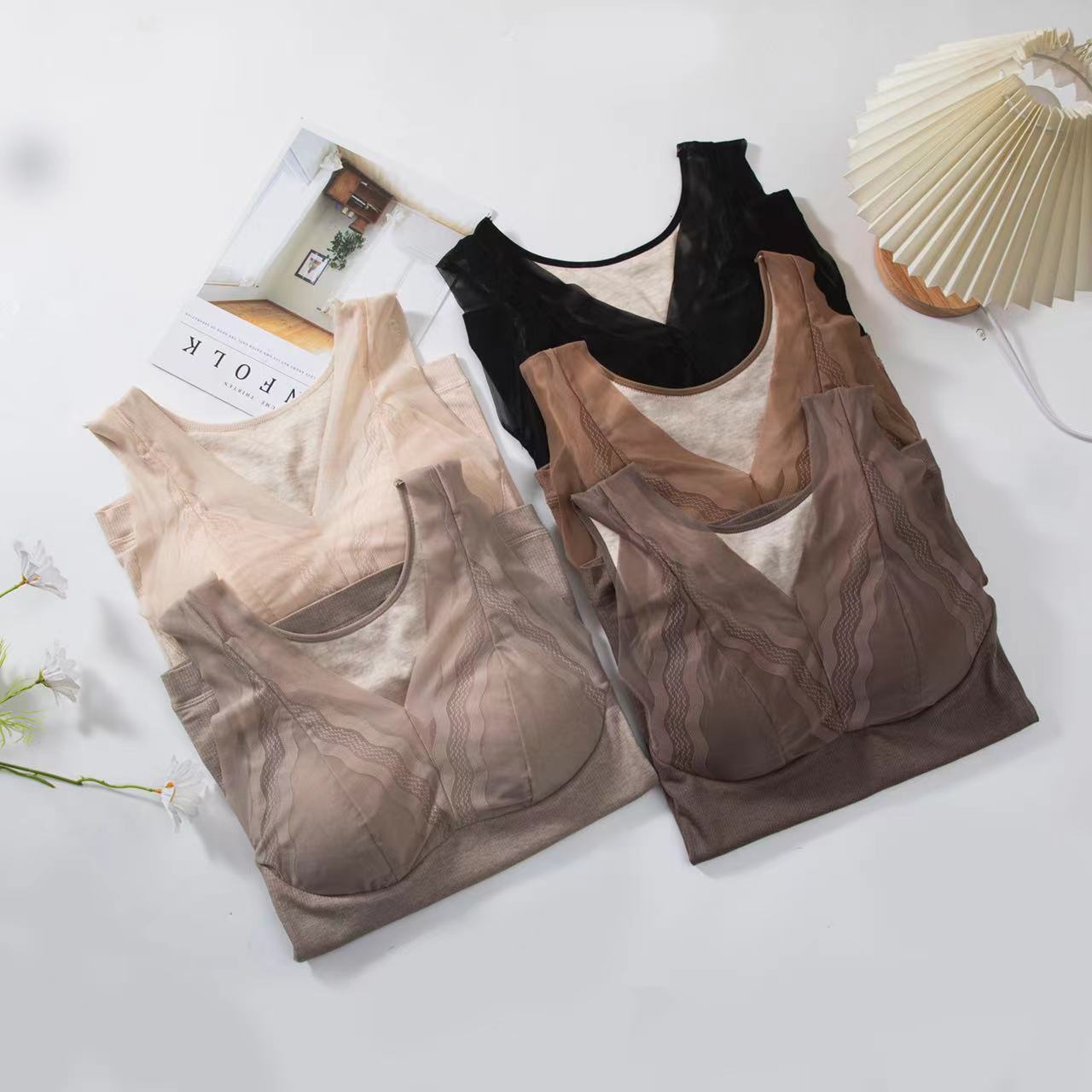 Autumn-Winter Gauze Lace V-Neck Slim-Fit And Fleece Thermal Vest Women's Sleeveless Base Top Item Picture
