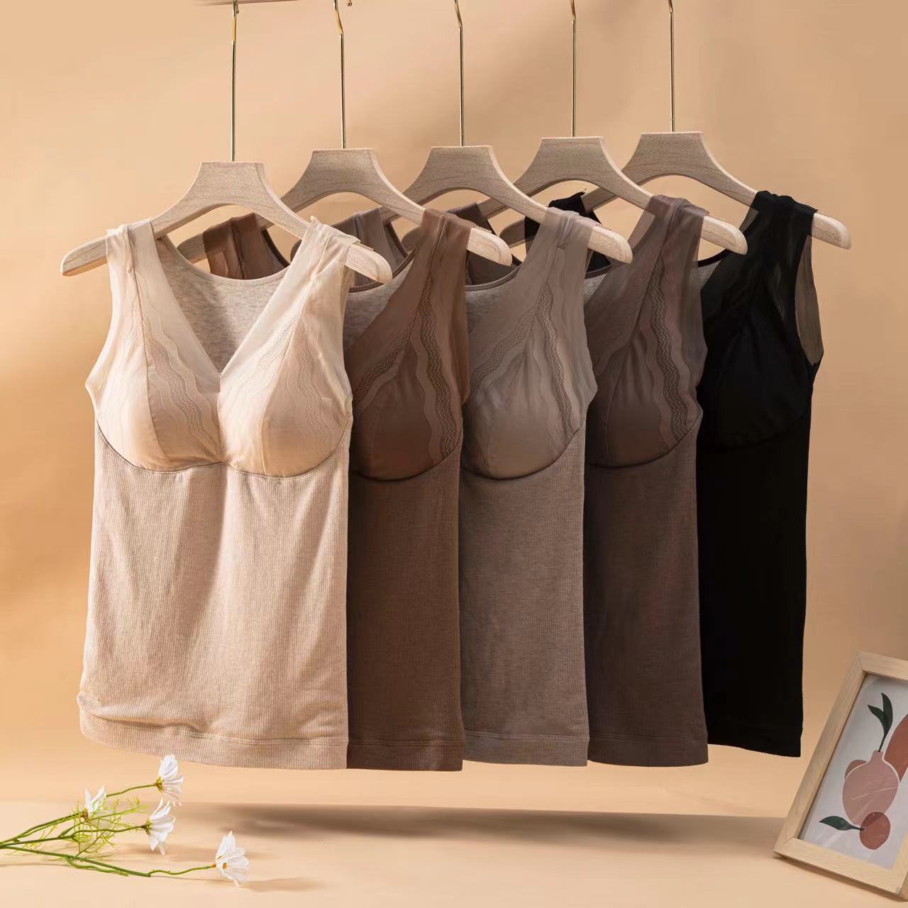 Autumn-Winter Gauze Lace V-Neck Slim-Fit And Fleece Thermal Vest Women's Sleeveless Base Top full figure