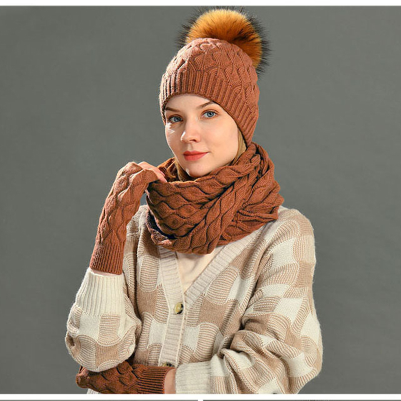 Wholesale Winter Beanie Hat Scarf Gloves Sets 3 Pieces Outdoor Luxury Women Custom Logo Cashmere Wool Knitted Winter Beanie Sets thumbnail