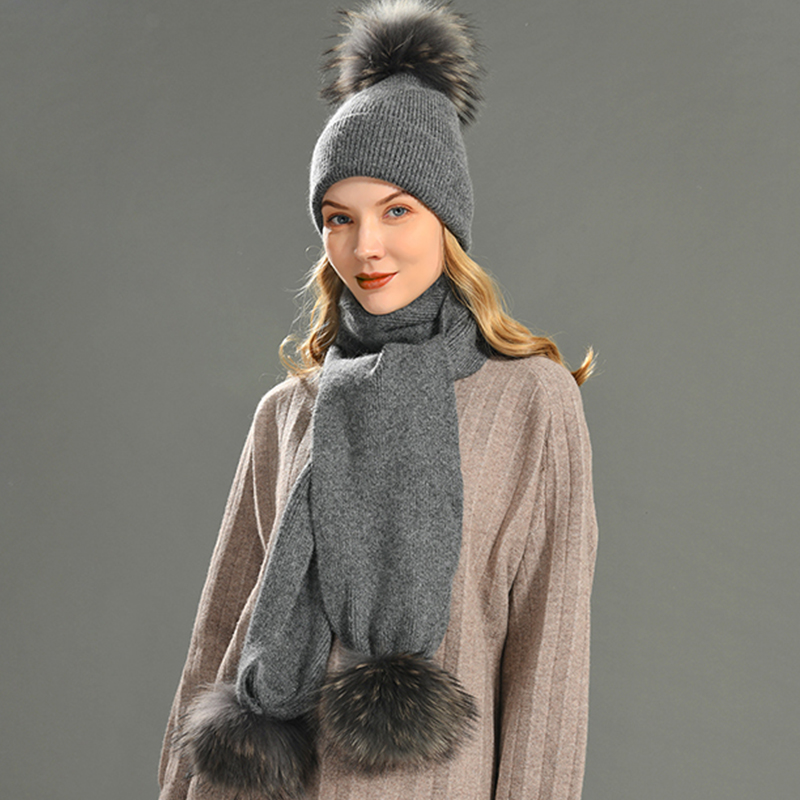 2022 New Fashion Unisex Hat and Scarf Set Women Plush Beanie Hat Scarf Set Accessories Real Fur Pom Pom Winter Beanie Scarf thumbnail